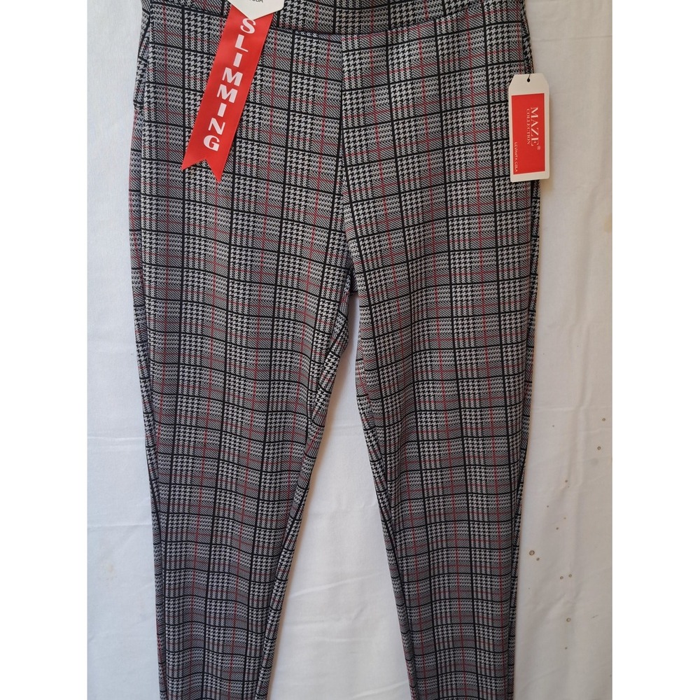 Maze Collection Scuba Slimming Pants Grey Red Plaid Tapered Leg Trouser Womens S